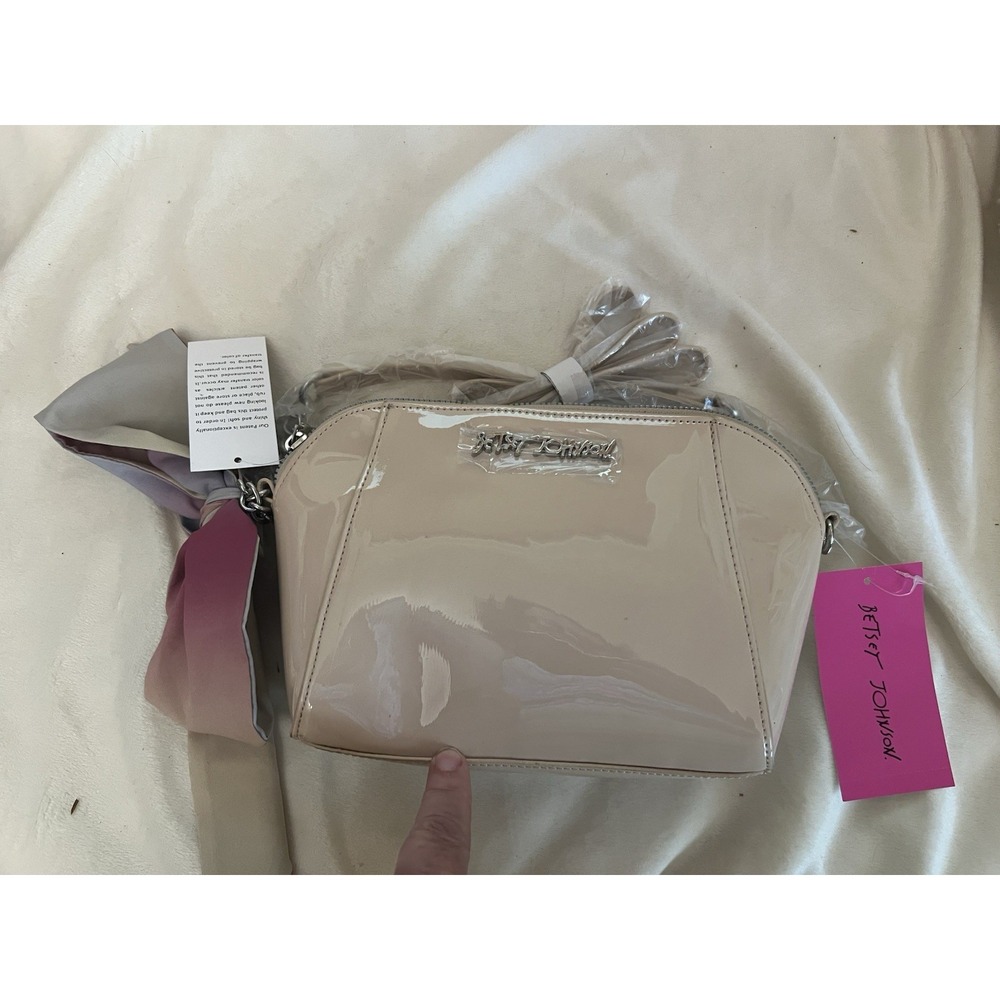 Betsey Johnson Crossbody Purse Anaya Shiny Neutral Faux Leather Chain Strap